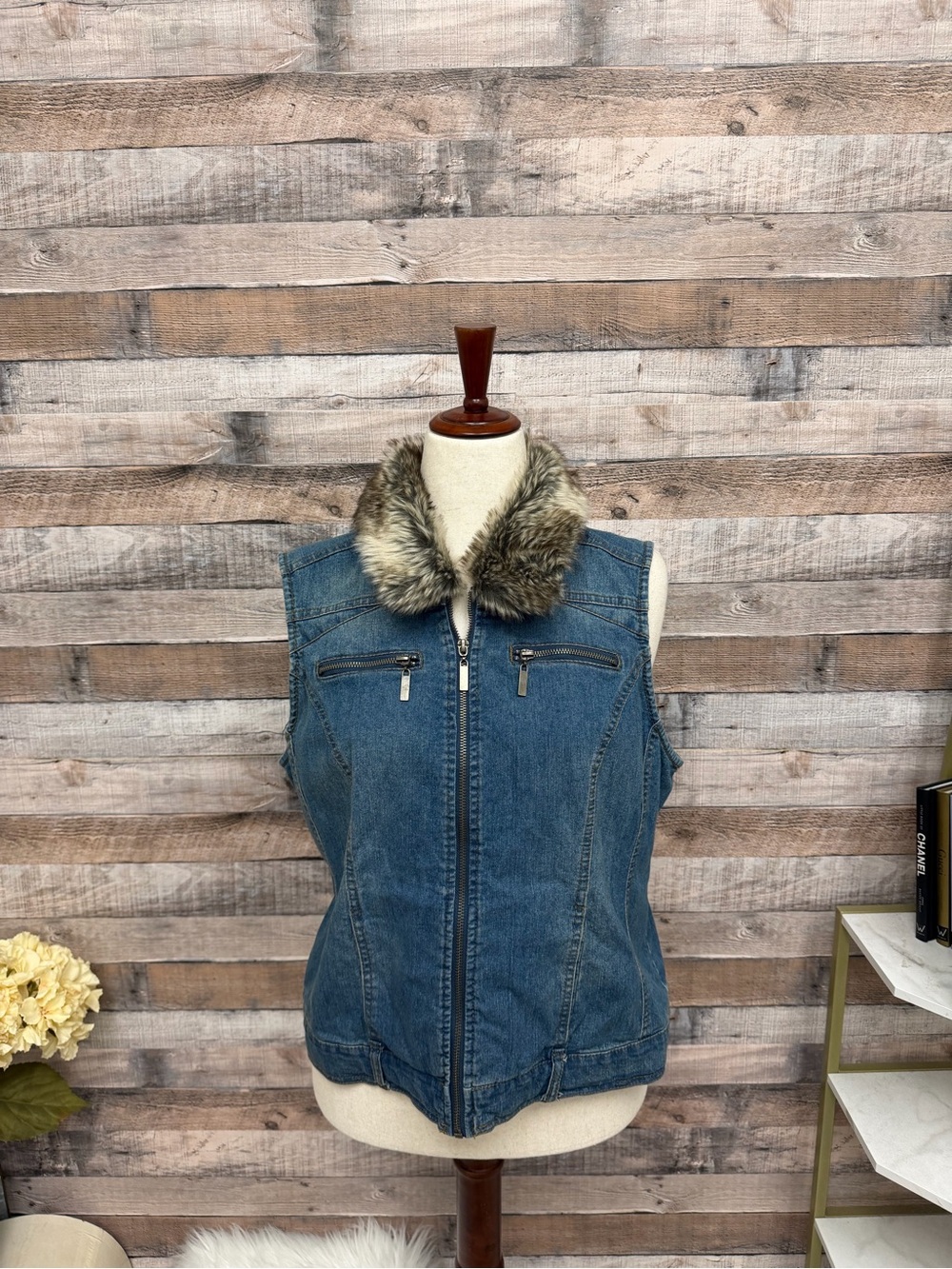 Baccini Blue Denim Vest with Faux Fur Collar